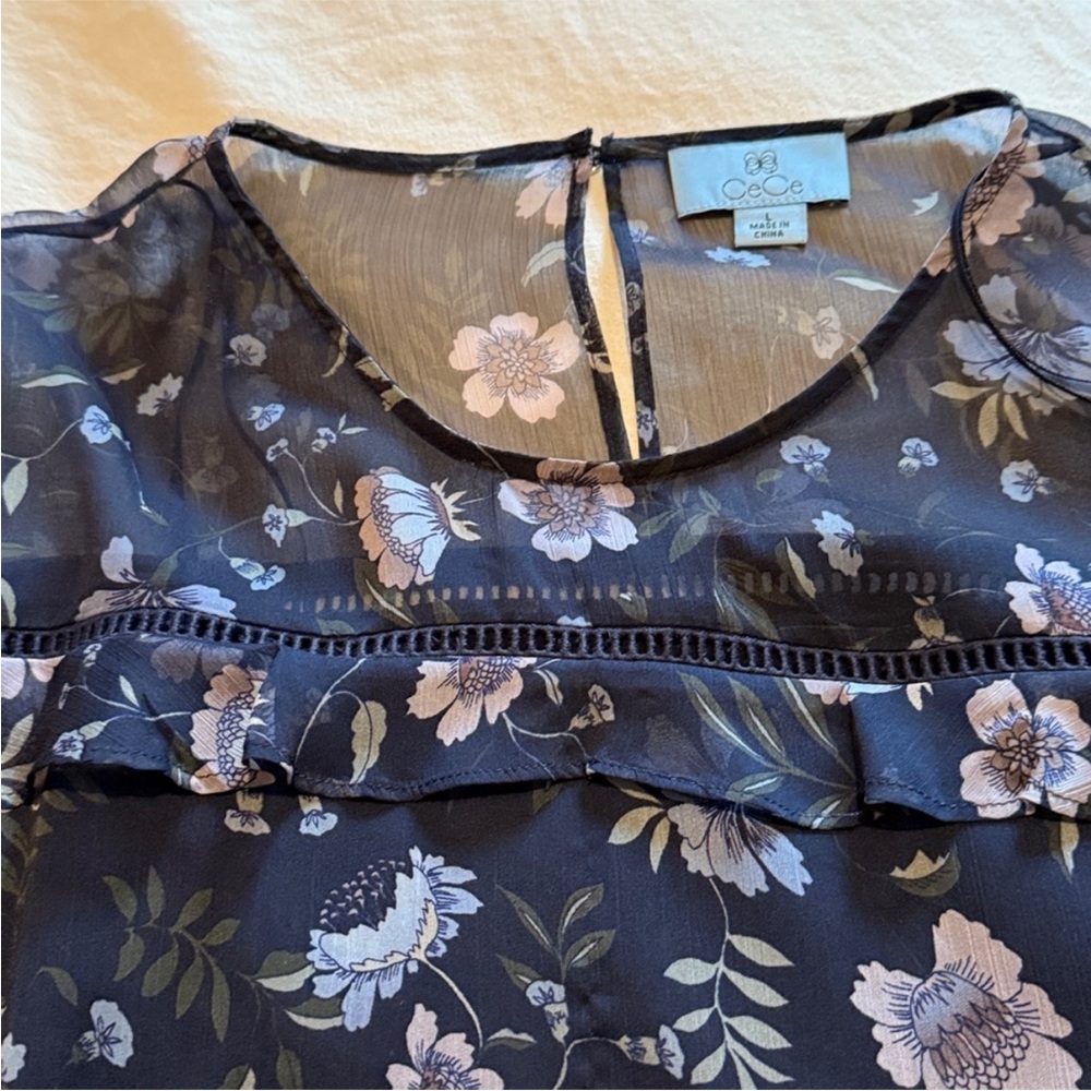 CeCe Black Floral Ruffle Bell-Sleeve Blouse - Picture 2 of 8